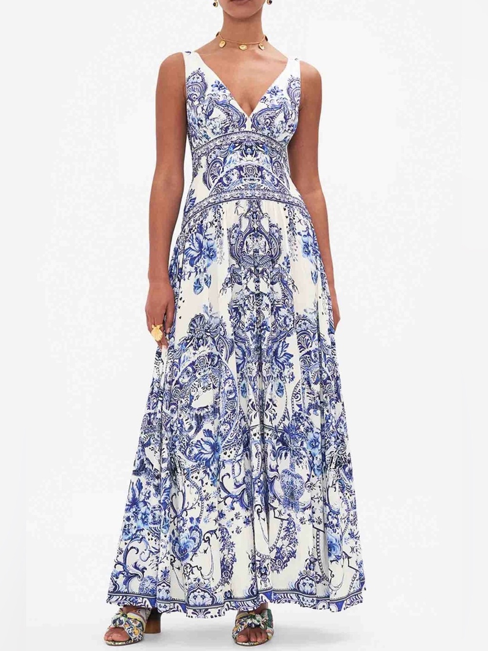 NWT CAMILLA Royal Delft Women's Blue Glaze & Graze Tie-Shoulder Dress Size M
